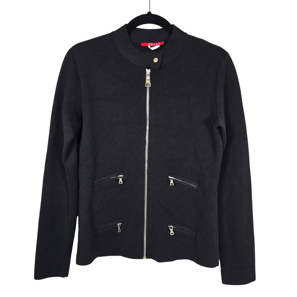 Vintage Y2K Prada Cardigan Sweater Women's 46/10 Black Wool Zip Up Moto Casual